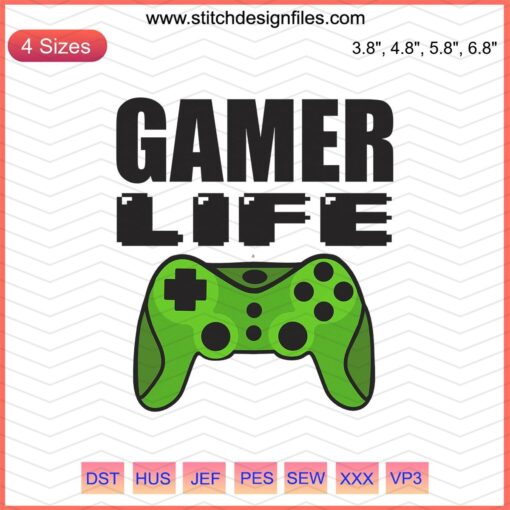 Gamer-themed embroidery design files featuring gaming controllers and icons for machine embroidery projects.
