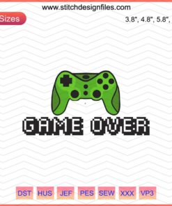 Game over Embroidery Designs File: Vibrant gamer-themed machine embroidery, retro pixel art, digital download.