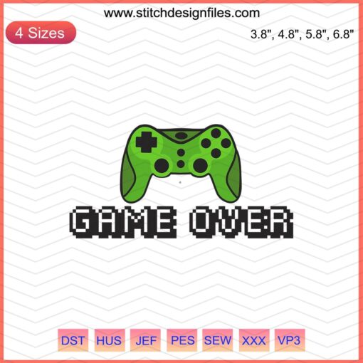 Game over Embroidery Designs File: Vibrant gamer-themed machine embroidery, retro pixel art, digital download.