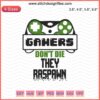 "Gamers Don't Die They Respawn Embroidery File: Gamer-themed machine embroidery design featuring text surrounded by gaming icons."