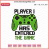 "Player 1 Has Entered the Game" Gamer Embroidery Design File featuring joypad icon and retro font for machine embroidery enthusiasts.