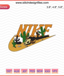 Nike Desert Embroidery Designs File: Intricate Nike logo with desert-themed embroidery patterns, vibrant colors, machine-ready.