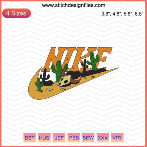 Nike Desert Embroidery Designs File: Intricate Nike logo with desert-themed embroidery patterns, vibrant colors, machine-ready.