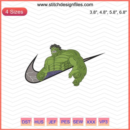 Nike x Marvel Hulk Embroidery Design File featuring Nike logo and Hulk embroidery, ideal for custom machine embroidery projects.
