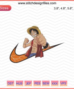 Monkey D. Luffy Nike embroidery design, One Piece machine embroidery file, anime character embroidery pattern.