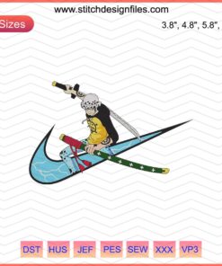 Trafalgar D Water Law x Nike embroidery designs, One Piece Nike machine embroidery file, anime-inspired custom sneaker art.