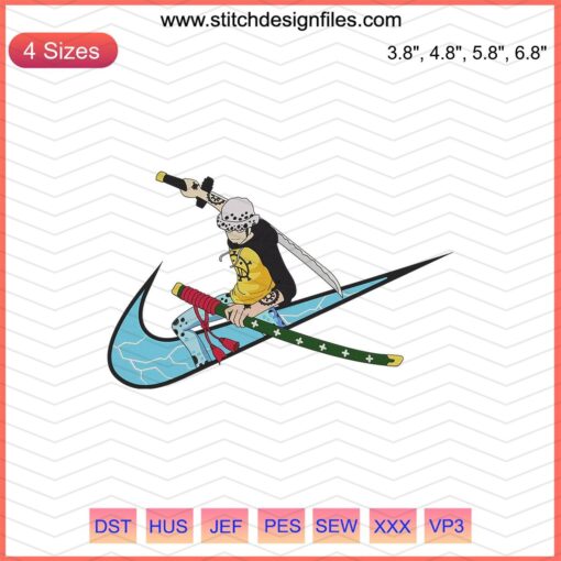 Trafalgar D Water Law x Nike embroidery designs, One Piece Nike machine embroidery file, anime-inspired custom sneaker art.