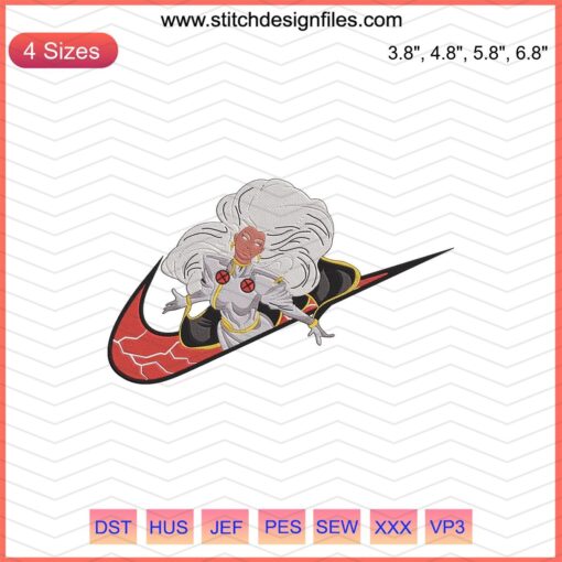Storm X Nike Marvel Comics Machine Embroidery Design File, intricate superhero-themed embroidery pattern, Nike-inspired design.