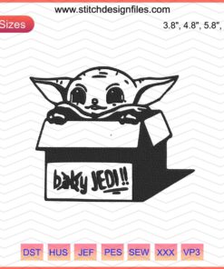 "Baby Yoda in Box Jedi Embroidery File, Machine Embroidery Design featuring Cute Baby Yoda for DIY Crafts"