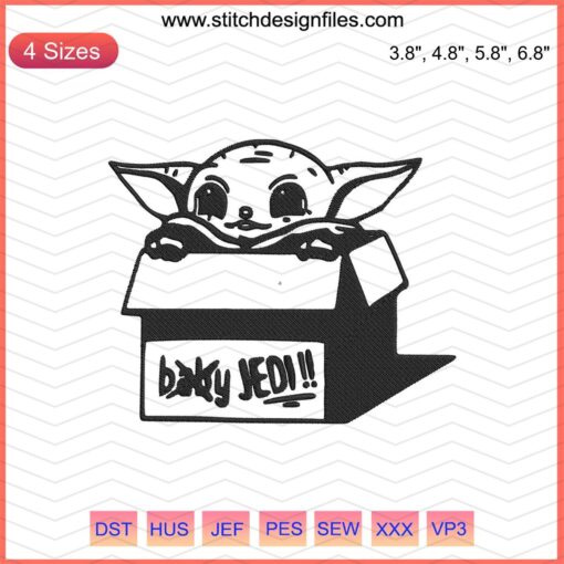 "Baby Yoda in Box Jedi Embroidery File, Machine Embroidery Design featuring Cute Baby Yoda for DIY Crafts"