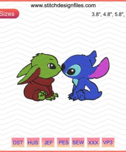 Baby Yoda and Stitch Kiss Embroidery Designs, Baby Yoda Machine Embroidery File, Cute Baby Yoda Stitch Design Download