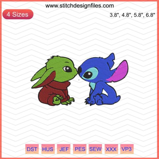Baby Yoda and Stitch Kiss Embroidery Designs, Baby Yoda Machine Embroidery File, Cute Baby Yoda Stitch Design Download