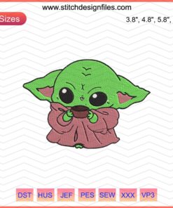 Baby Yoda sipping tea embroidery design file, Star Wars machine embroidery, cute Baby Yoda pattern for sewing enthusiasts.