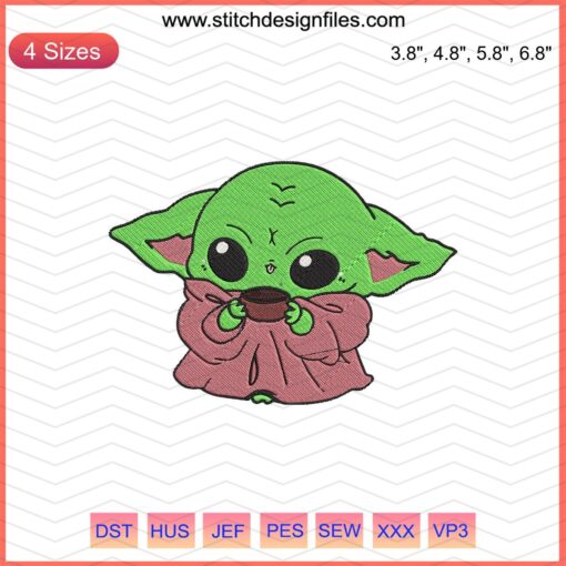 Baby Yoda sipping tea embroidery design file, Star Wars machine embroidery, cute Baby Yoda pattern for sewing enthusiasts.