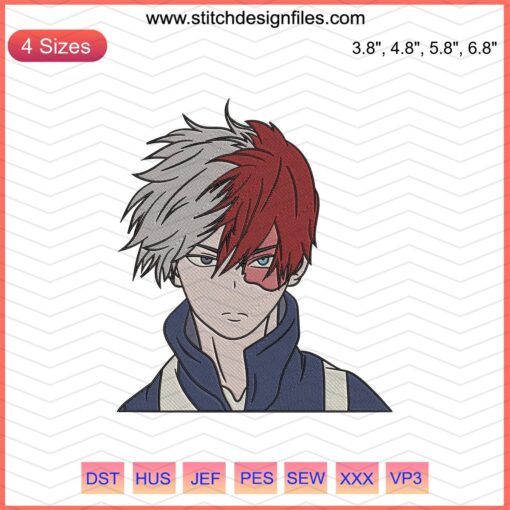 Shoto Todoroki embroidery design file, My Hero Academia-inspired machine embroidery, anime character embroidery pattern.