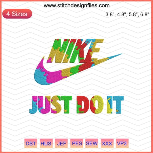 Nike Colorful "Just Do It" embroidery file, vibrant Nike machine embroidery designs with swoosh logo, download now.