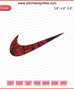 Swoosh Akatsuki Uchiha Itachi embroidery design for Nike, digital file for machine embroidery, anime-inspired stitching pattern.