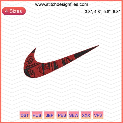 Swoosh Akatsuki Uchiha Itachi embroidery design for Nike, digital file for machine embroidery, anime-inspired stitching pattern.