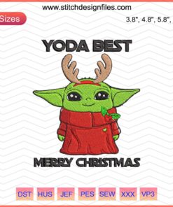 Baby Yoda Christmas embroidery design, "Yoda Best" text, perfect for festive machine embroidery projects.