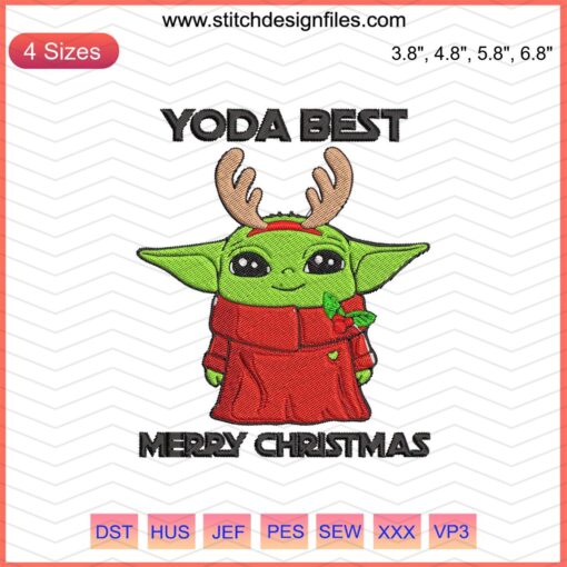 Baby Yoda Christmas embroidery design, "Yoda Best" text, perfect for festive machine embroidery projects.