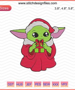 Cute Baby Yoda Christmas Embroidery Designs, Star Wars Machine Files, Festive Yoda Pattern Download, Holiday Embroidery Art