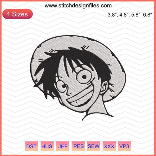 "Monkey D. Luffy Face Embroidery Design, One Piece Machine Embroidery File, Anime Luffy Stitch Pattern"