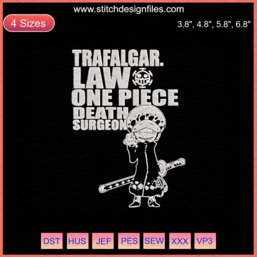 Trafalgar D Law embroidery design, One Piece Death Surgeon, machine file, digital embroidery pattern, anime character design.