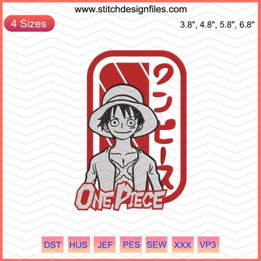 Luffy Embroidery Design File featuring One Piece Logo, Machine Embroider Pattern, Anime Stitch Art