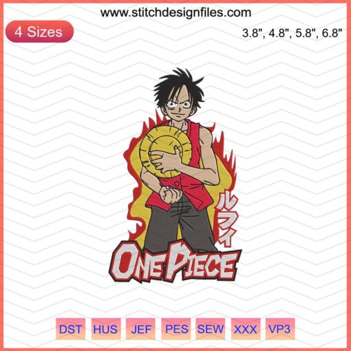 Luffy Angry Fire Embroidery Design File: One Piece Machine Embroidery Pattern featuring Luffy with fiery aura.