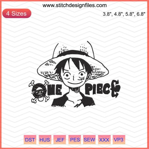 One Piece Logo with Luffy Embroidery Designs File, Black Machine Embroidery Pattern, Anime DIY Craft Design