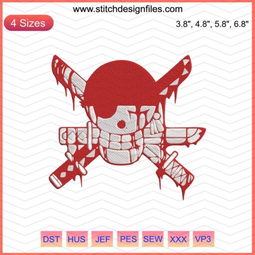 Roronoa Zoro Skull Killer Embroidery Design, One Piece Embroidery, Zoro Sword Design File for Machine Embroidery Enthusiasts.
