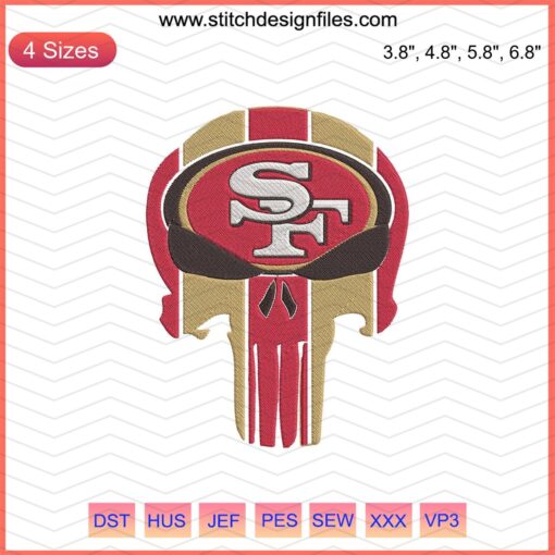 Skull SF Logo Embroidery Design, San Francisco 49ers, Machine Embroidery File, NFL-themed stitching pattern.