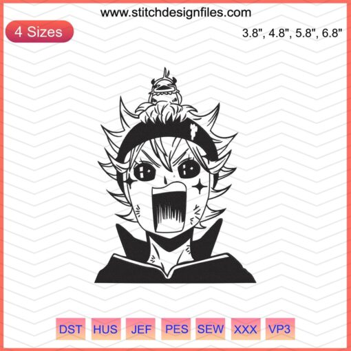 Asta Admiring Face, Black Clover Machine Embroidery File Design; Anime Character Embroidery Pattern.
