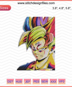 Goku embroidery design file, vibrant Dragon Ball machine embroidery pattern, colorful anime art for DIY projects.