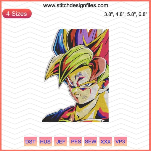 Goku embroidery design file, vibrant Dragon Ball machine embroidery pattern, colorful anime art for DIY projects.