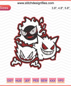 Gengar Gastly Haunter Embroidery Pattern Files, Pokemon Machine Embroidery Designs, Digital Download for Sewing Projects.