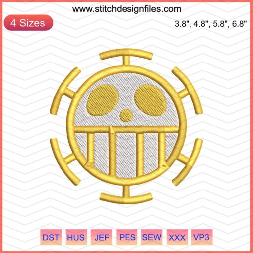 Law One Piece Logo Embroidery Design File, Pirate Symbol Pattern for Machine Embroidery, Anime-Inspired Creative Stitch Design.