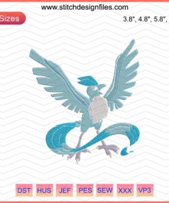 Articuno Embroidery Designs File - Detailed Pokemon Machine Embroidery of Ice-Type Legendary Bird.