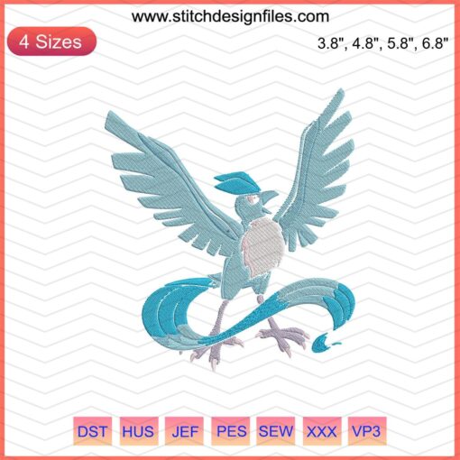 Articuno Embroidery Designs File - Detailed Pokemon Machine Embroidery of Ice-Type Legendary Bird.