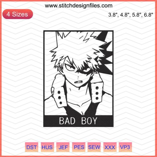 Bakugo Bad Boy My Hero Academia Embroidery Machine Designs File, Anime Embroidery Pattern, MHA Embroidery Template