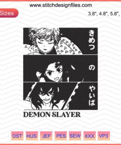 Demon Slayer Character Embroidery File: Machine Embroidery Designs Featuring Tanjiro, Nezuko, Zenitsu, Inosuke Patterns