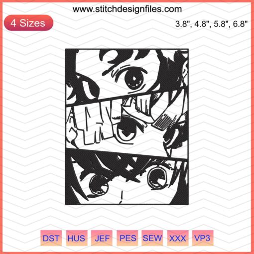 Demon Slayer Character Eyes Embroidery File, Machine Embroidery Designs featuring iconic eyes from popular anime series.