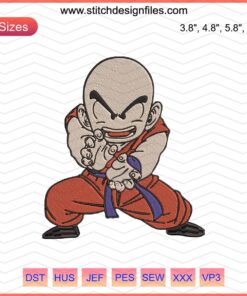 Krillin Kid Embroidery Designs File, vibrant Dragon Ball character stitch pattern for machine embroidery, anime textile art.