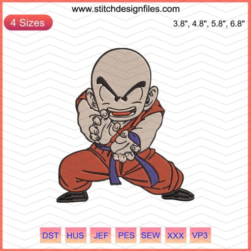 Krillin Kid Embroidery Designs File, vibrant Dragon Ball character stitch pattern for machine embroidery, anime textile art.