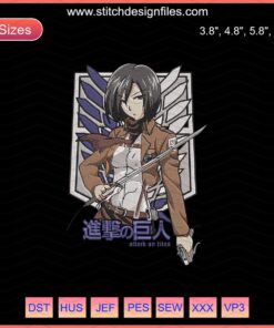 Mikasa Ackerman Embroidery Design File - Attack On Titan Cool Girl, Machine Embroidery Patterns, Anime Themed Stitch Design