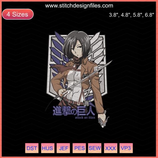 Mikasa Ackerman Embroidery Design File - Attack On Titan Cool Girl, Machine Embroidery Patterns, Anime Themed Stitch Design