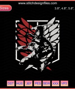 Mikasa Ackerman Embroidery File: Attack on Titan Machine Design, Anime-Inspired Stitch Patterns, Detailed AOT Embroidery.