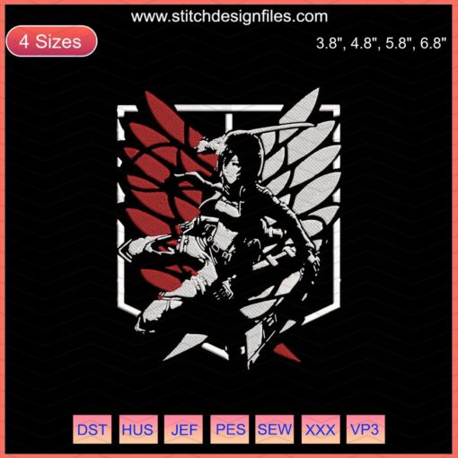 Mikasa Ackerman Embroidery File: Attack on Titan Machine Design, Anime-Inspired Stitch Patterns, Detailed AOT Embroidery.