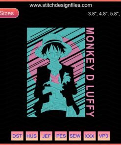 Monkey D Luffy embroidery design, vibrant colors, One Piece machine embroidery pattern, anime embroidery file.