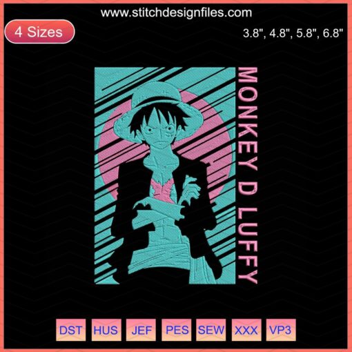 Monkey D Luffy embroidery design, vibrant colors, One Piece machine embroidery pattern, anime embroidery file.